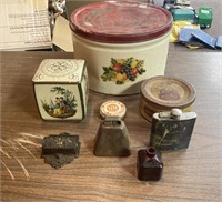 Vintage food tins, cowbell, Cast-iron matchbox,