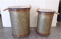 (2) METAL CANS W/ROPE HANDLES & WOODEN LIDS
