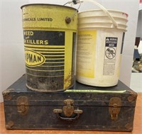 Small vintage metal trunk and two pails. Trunk is