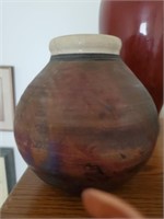 Brown Vase,  White Top, Marked, Chipped