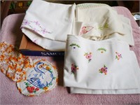 3 Pr Vintage Embroidered Pillowcases, Antimacassar