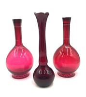 3 Ruby Red Glass Vases