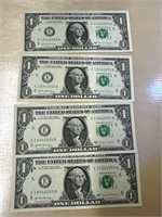 4 consecutively numbered dollar bills
