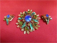 Colored Rhinestone Brooch & Earrings