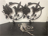 3 pieces of metal art. Two hummingbirds and a