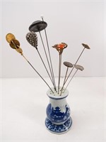 Collection of Hat Pins in Ironstone Holder