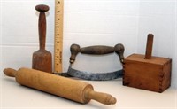Butter mold, wooden masher, wooden rolling pin