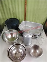 Mixing bowls, coffee pot, baking pans