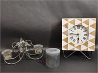 Geometric Wood Clock, 3 Tier Metal Candle Holder