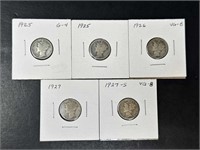 Mercury Dimes 1925-27 (5 coins)