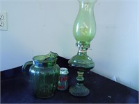 Vintage Green Glass Pitcher / Oil Lamp