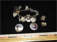 STERLING SILVER CHARM BRACLET, CUFF LINKS, PINS