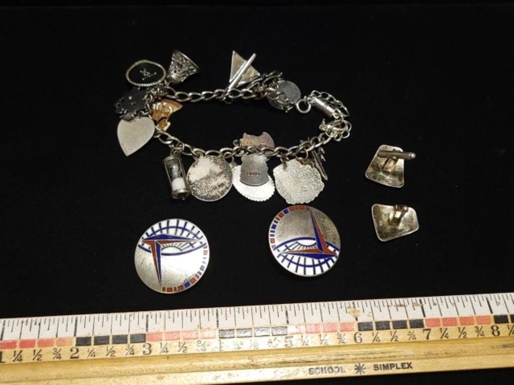 STERLING SILVER CHARM BRACLET, CUFF LINKS, PINS