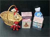 Miniature bear items and tins in small basket