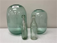 2 Aqua Glass Jars and 2 Early Bottles