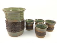 Green Chuber Signed Pottery Vase & 4 Glasses