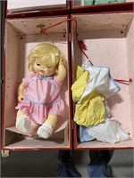 Vintage red doll trunk plus contents