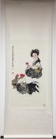 Signed, Chinese Ink Color Scroll Painting w Callig