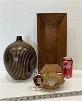 Wooden Vase and Tray and Pottery Dish