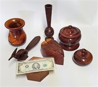 MCM 7pc TEAK WOOD VASE, PUZZLE, TRINK BOX + MORE