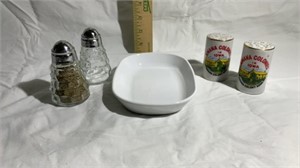 Salt and pepper shakers and butter dish