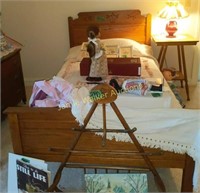 Antique Oak Twin Bed. Throw Blanket. Items On Top
