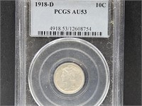 1918 D 10 Cent Graded PCGS  AU 53