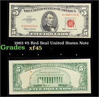 1963 $5 Red Seal United States Note Grades xf+