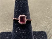 STERLING SILVER RING WITH NATURAL GARNET AND CZ