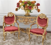 Red Pair of French Rococo Fireside Chairs