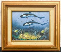Framed Painting of Orca Whales & Coral Reef,