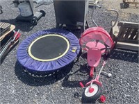 Radio flyer tricycle and singl person trampoline