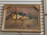 FRAMED WATERCOLOR FARM HOUSE PICTURE - DATED 1989