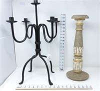 Wrought Iron Candelabra & Wooden Pillar Candle