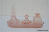 3 Pink Glass Perfume Bottles & Vanity Tray