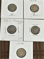 5 Mercury Silver Dimes Lot 1935-1944