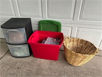 CRAFTING SUPPLIES IN TOTES W/ XL WICKER BASKET
