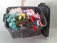 18 gallon tote of artificial flowers and grave