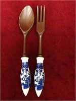 Wood Salad Spoon & Fork w/ Delft Handles
