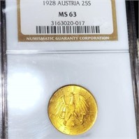 1928 Austria Gold 25 Shilling NGC - MS63