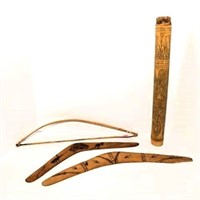 Wooden Bow, Boomerangs & Arrow Holder