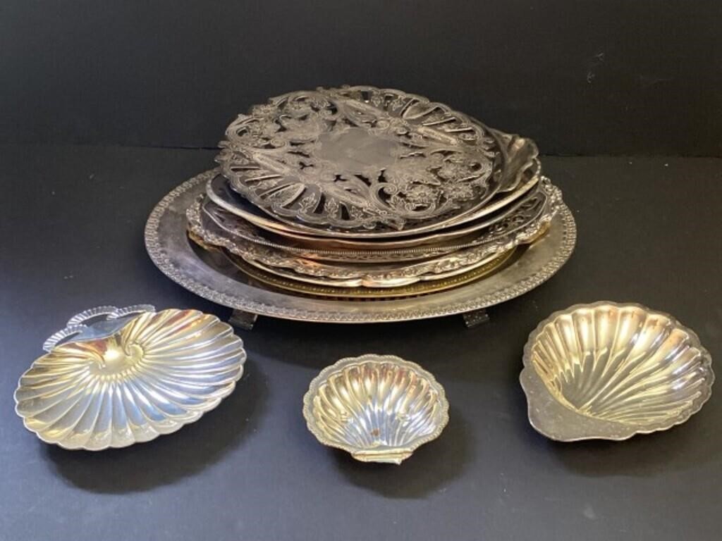 Large Lot of Silver Plate Trays, Serving Trays,