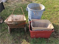 Metal two wheel cart, trashcan, plastic tubs