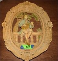 Plaster Wall Plaque of Man Sitting on Rail w/ Lute