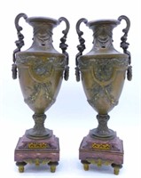 French Spelter Garniture Urns on Rouge Marble.