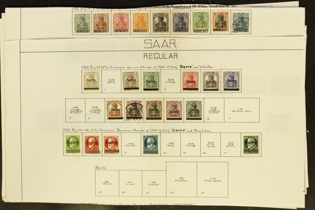 Saar Stamps Used and Mint hinged on old pages, ver