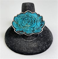 Sterling Large Carved Turquoise Ring (Unique) 13 G