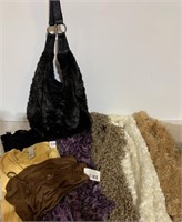 FAUX FUR PURSE, SCARVES, NEW OVER SWEATER W/