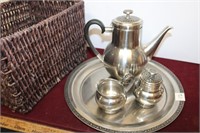 Oneida Tea Set & Wicker Basket