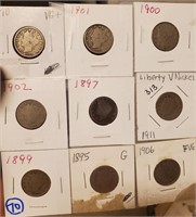 9 liberty head V nickels 1895 - 1910